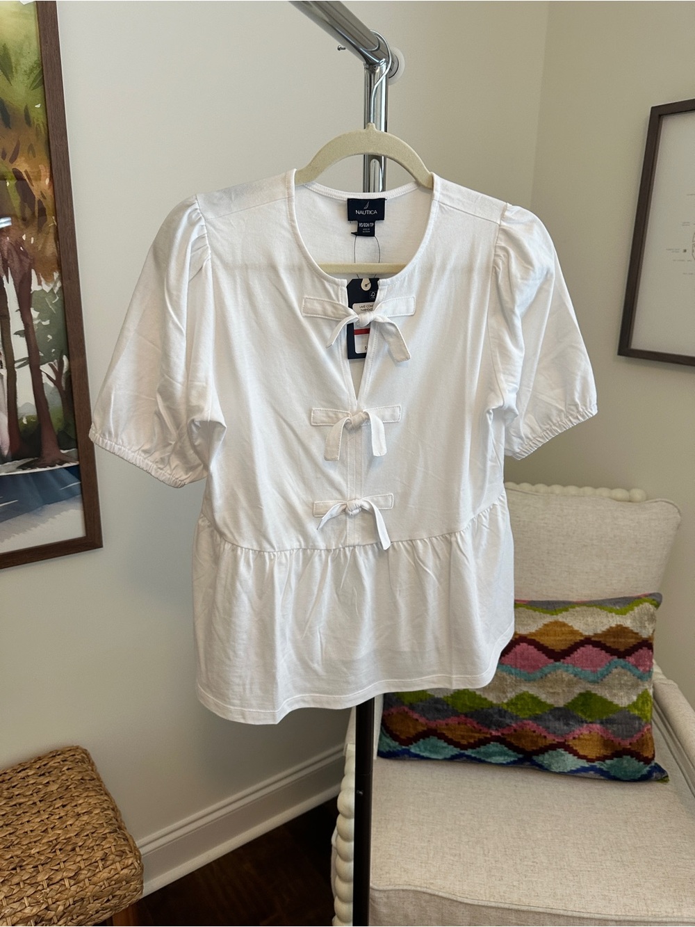 Nautica White Cotton Tie-Front Peplum Blouse